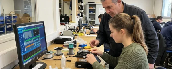 Un formateur et un jeune alternant vus de dos examinent ensemble un équipement de raccordement fibre optique dans un atelier de formation lumineux et contemporain