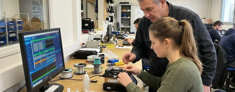 Un formateur et un jeune alternant vus de dos examinent ensemble un équipement de raccordement fibre optique dans un atelier de formation lumineux et contemporain