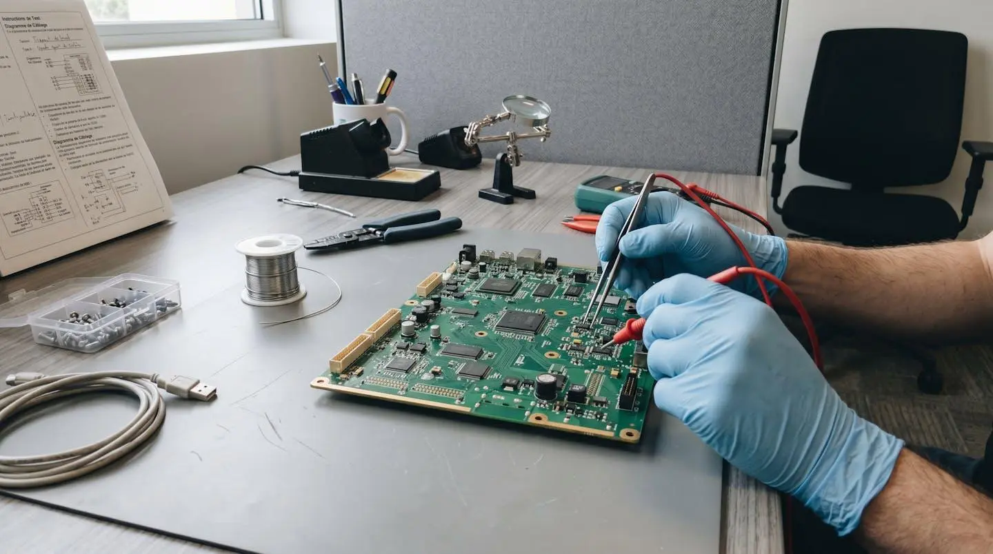 Gros plan sur les mains gantées d'un technicien manipulant avec précision un circuit imprimé moderne sur une surface de travail propre et éclairée