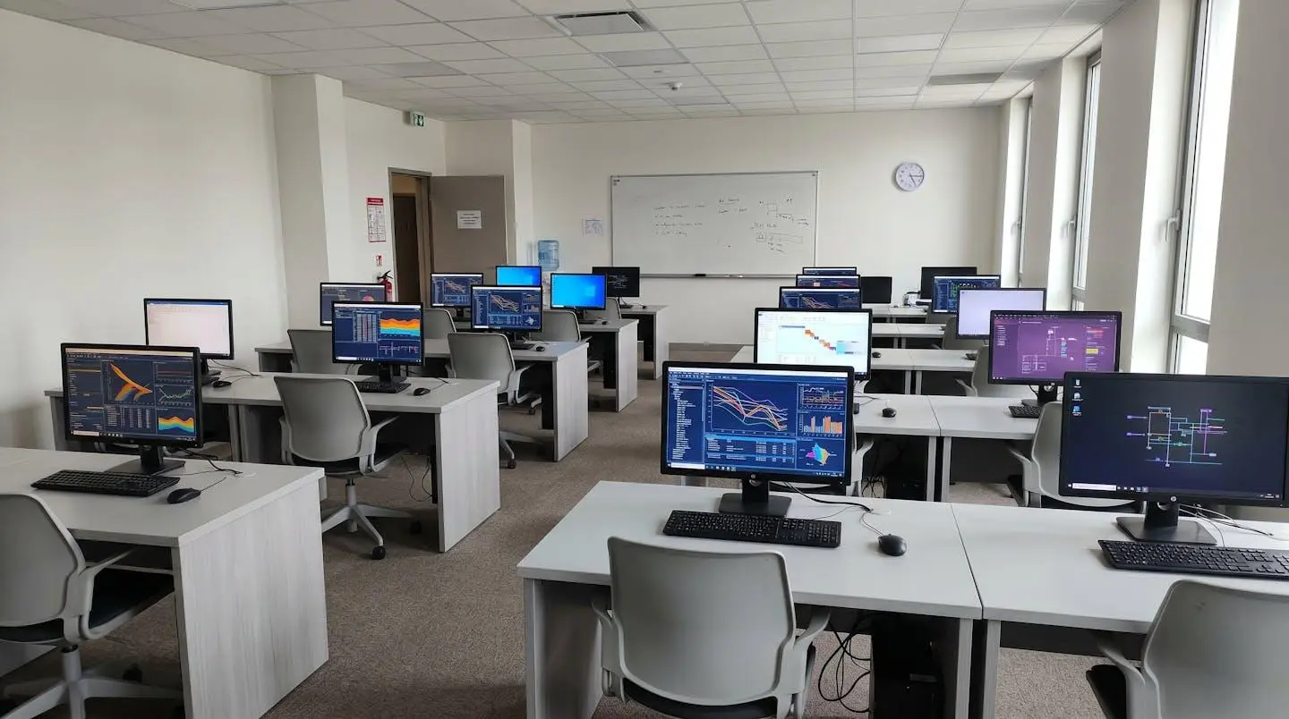 Vue en plongée d'une salle de formation CFA contemporaine équipée de postes de travail individuels et d'équipements pédagogiques modernes, baignée de lumière naturelle par de grandes baies vitrées